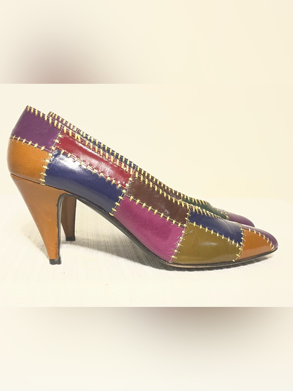 Zalo Patchwork Leather Pumps in Purple, Pink, Blue, Brown, Orange -9M